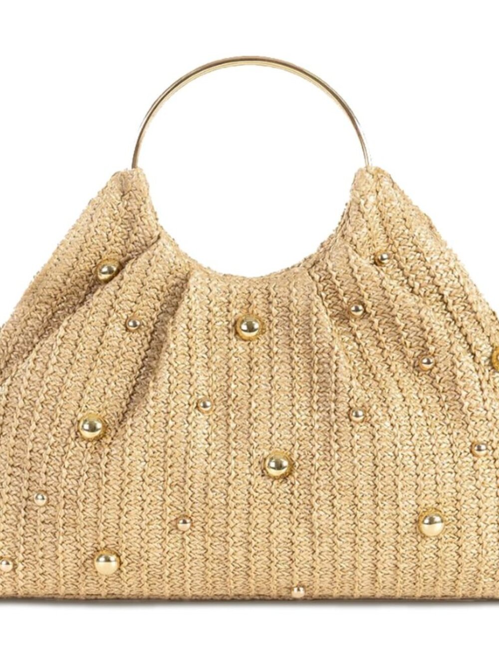Straw Bag for Women, Woven Handbag with Gold Studs & Ring Handle, Boho Summer Be